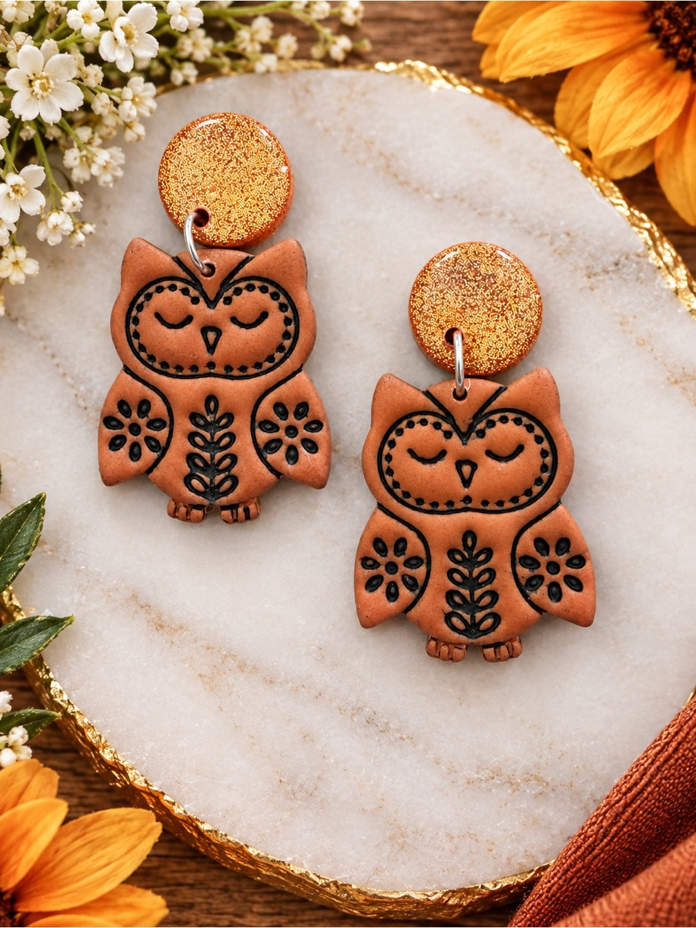 Orange Handmade Polymer Clay Owl Drop Earrings - Sparkling Gold Tops